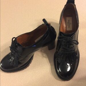 Valentino Black Patent Leather Fringe Lace-Up Ankle Booties